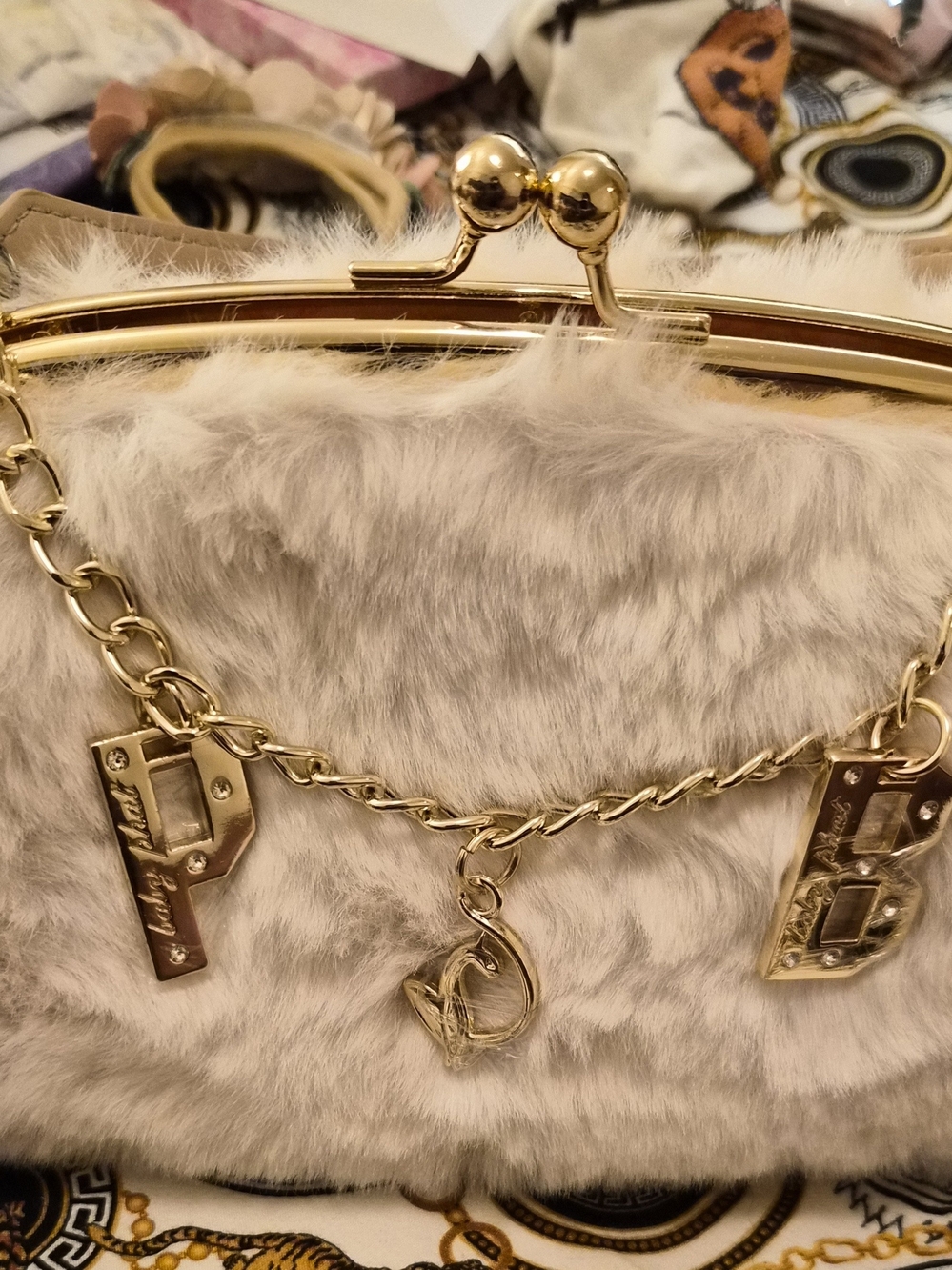Gold-Trim Faux Fur Shoulder Bag - Elegant Light Gray